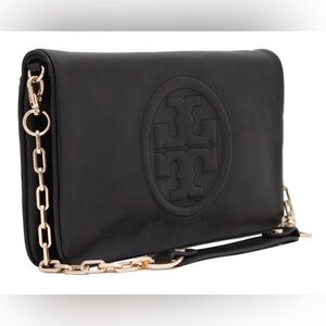 Tory Burch Bombe Reva Black Leather Clutch with Gold Chain